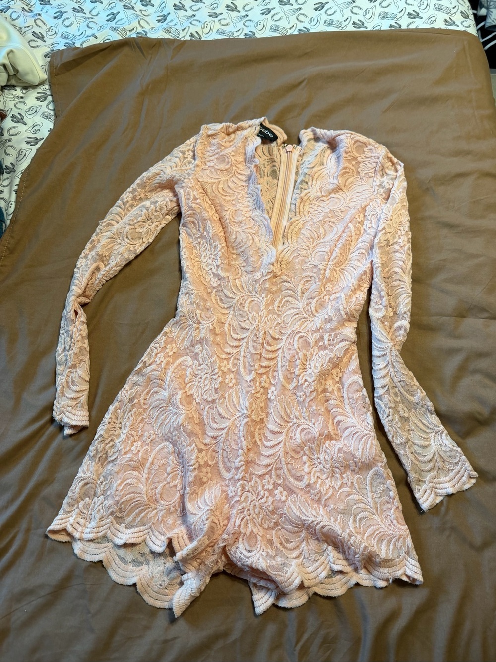 bebe Blush Pink Lace Romper with Scalloped Edges